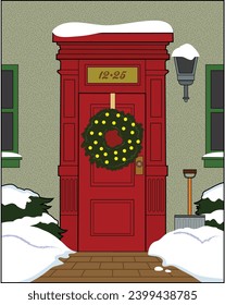 A red door with a holiday wreath.