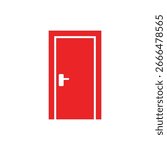 Red door icon on white background, a simple vector illustration depicting a closed door with a handle, symbolizing entry, access, or new beginnings in various contexts.
