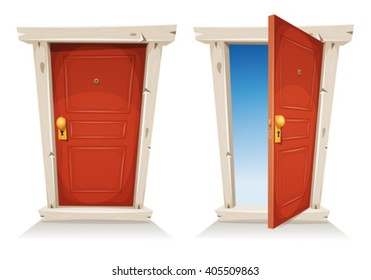 Red Door Open And Closed/
Illustration of a cartoon entry door closed and open, with sky background, symbolizing private and public frontier, paradise or heaven's gate, with door knob and peephole