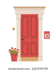 Red door with plants vector concept. Entrance to home, cottage or townhouse. Exterior and facade. Comfort and coziness. Poster or banner. Cartoon flat illustration isolated on white background