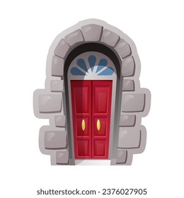 Puerta roja con estilo plano de arco de piedra, ilustración vectorial aislada sobre fondo blanco. Diseño decorativo, entrada de casa con puerta cerrada, vista frontal