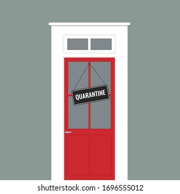 The red door of the store, with the sign "Quarantine". The concept of "stay at home", quarantine and prevention of coronavirus (COVID-19). Vector stock flat illustration