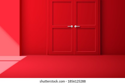 red door with sunlight from windows in the red room