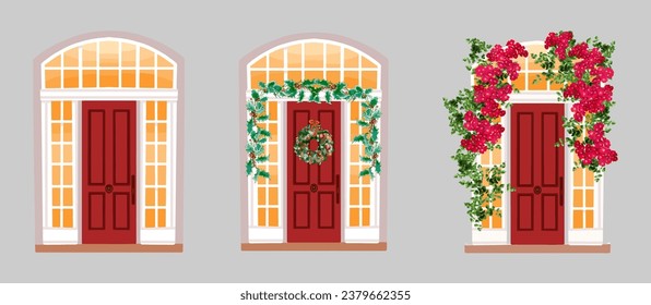 Red door with window above it, modern, door, red door surrounded by red flowers, rose portal, doorway, vector, flat pattern