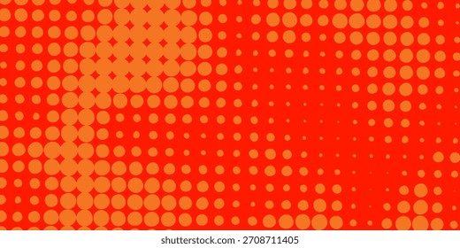 Fondo de punto rojo. Patrón de medio tono de arte pop de lunares. Puntos rojos sobre fondo naranja. Ilustración vectorial.