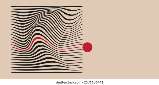 A red dot is connected to a series of wavy black lines, with one red line highlighting a path through the waves. Bauhaus composition.