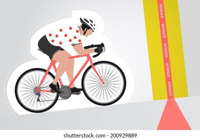 red dot dressed cyclist riding upwards to finish line vector isolated illustration