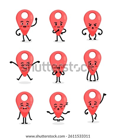 Red dot geolocation character poses and emotions set, mascot of travel, transport, navigation, logistics and delivery in cartoon kawaii style