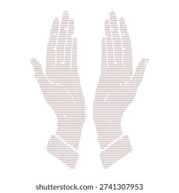 Red Dot Matrix Style Outline of Two Hands Pressed Together in Prayer Gesture on White Background dots