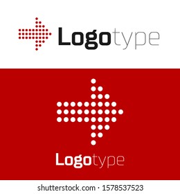 Red Dots arrow icon isolated on white background. Halftone arrow. Dotted arrow sign. Logo design template element. Vector Illustration