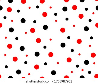 red dots, black dots seamless pattern, ladybird bug polka dot print for textile, fashion, scrapbook paper, wallpaper. Black circles on bright red as beetle spots decoration. Vector