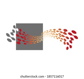 rote Punkte und Paar miteinander verbundene Punkte, die in Form eines Schals im Wind und eines grauen Quadrats auf Hintergrund angeordnet sind