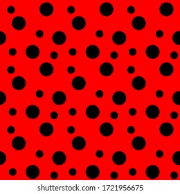 red dots seamless pattern, ladybird bug polka dot print for textile, fashion, scrapbook paper, wallpaper. Black circles on bright red as beetle spots decoration. Vector