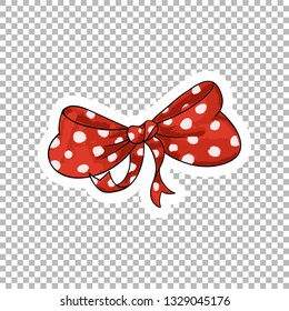 Red dotted bow hand drawn illustration. Ribbon knot contour drawing on transparent background. Bowknot isolated watercolor doodle clipart. Bow-tie cartoon sticker. Greeting card flat design element