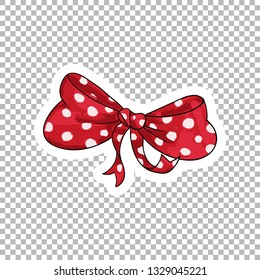 Red dotted bow hand drawn illustration. Ribbon knot contour drawing on transparent background. Bowknot isolated watercolor doodle clipart. Bow-tie cartoon sticker. Greeting card flat design element