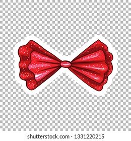 Red dotted bow hand drawn illustration. Ribbon knot contour drawing on transparent background. Bowknot isolated watercolor doodle clipart. Bow-tie cartoon sticker. Greeting card flat design element