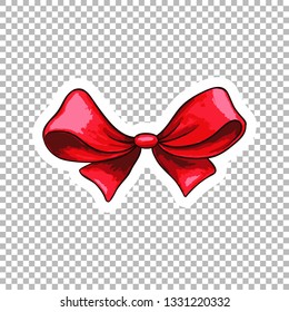 Red dotted bow hand drawn illustration. Ribbon knot contour drawing on transparent background. Bowknot isolated watercolor doodle clipart. Bow-tie cartoon sticker. Greeting card flat design element