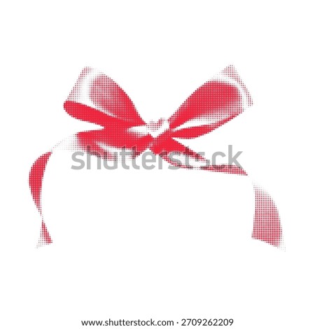 Red dotted bow illustration with halftone effect, tied ribbon in minimalist style, isolated on white background.