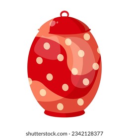Red dotted ceramic pot or jar vector illustration. Cartoon drawing of pot isolated on white background. Kitchenware, teatime, coziness concept