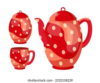 Red dotted ceramic teapot with cup vector illustrations set. Collection of cartoon drawings of pot and teacup isolated on white background. Kitchenware, teatime, coziness concept