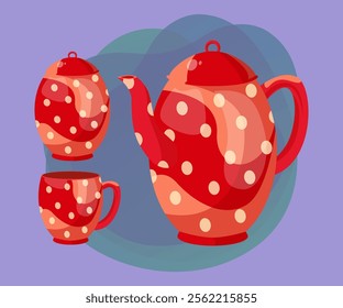 Red dotted ceramic teapot with cup vector illustrations set. Collection of cartoon drawings of pot and teacup on abstract background. Kitchenware, teatime, coziness concept