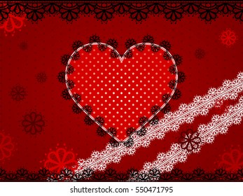 A red dotted heart is surrounded in black lace on a similar background - Valentine's day card