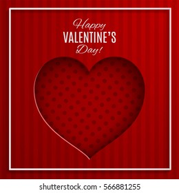 Red dotted heart vector illustration on red striped background with frame for valentines day greeting card, paper cut out art style
