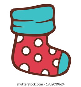 Red dotted holiday sock icon. Hand drawn illustration of red dotted holiday sock vector icon for web design