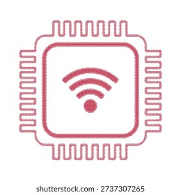 Red dotted line icon of a computer processor chip with a wireless wifi signal symbol inside