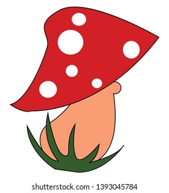 A red dotted mushroom grown between green grass vector color drawing or illustration
