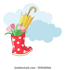 Red dotted rubber boots with a bouquet of tulips and an umbrella. Vector illustration.