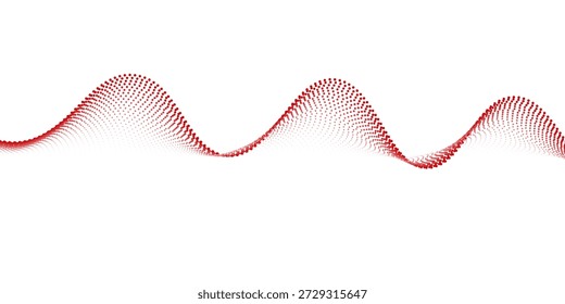 Padrão de linha de onda pontilhada vermelha. Fundo de rede ondulado de meio-tom. Papel de parede de reticulado de partícula de fluxo abstrato. Elemento de gradiente do traço curvo do vetor para placa, faixa, apresentação, livreto, folheto