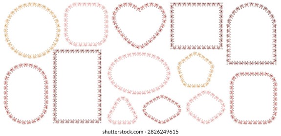 Red double bow lace border frames enclose oval, circle, rectangle plus square layouts linked by delicate ribbon garland trim as coquette set isolated on white background for invitation cards.