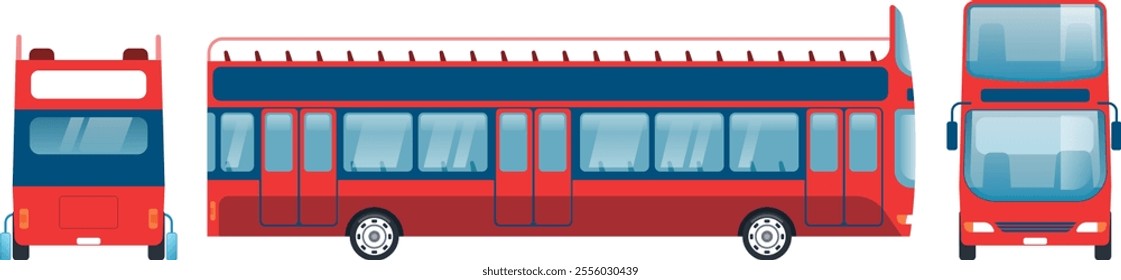 Red double decker bus isolated on a white background, displaying front, back, and side views, ideal for projects related to transportation, travel, and urban exploration