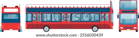 Red double decker bus isolated on a white background, displaying front, back, and side views, ideal for projects related to transportation, travel, and urban exploration
