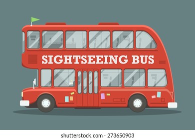 Red double decker bus side view. Vector illustration of a cartoon style sightseeing bus.