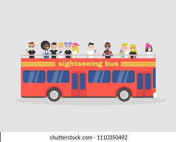 Red double decker. Sightseeing tour. Big city. Tourists. Side view bus. Flat editable vector illustration, clip art