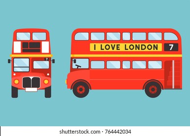 Red double-decker bus icon front and side view with I love london tag