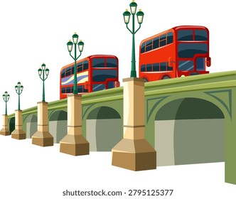 Red double-decker buses travel across a green arched bridge with vintage street lamps