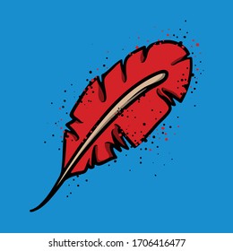 Red dove feather vector concept. Single bird feather Isolated on blue background. Animal plumage with stipple effect illustration 