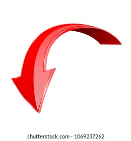 Red down 3d arrow. Shiny curved icon isolated on white background. Vector illustration