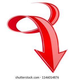 Red DOWN arrow. 3d curled up sign. Vector illustration isolated on white background