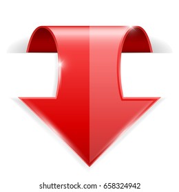 Red DOWN arrow. 3d icon with transparent shadow. Vector illustration isolated on white background
