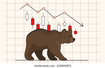 red down arrow in the cryptocurrency market. bear market. crypto down trend.  japanese candles and symbol of bear. vector isolated on white