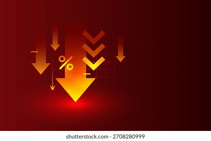 Vector de disminución de la tasa de descenso de flecha roja hacia abajo - Reducción de la caída financiera Gráfico de pérdida de interés Economía Crisis de mercado Recesión