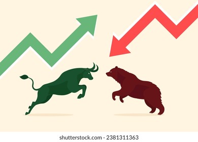 red down arrow graph and green arrow up consept, bear or bearish market trend , Bull or bullish run in the stock market, Cryptocurrency, price chart, vector illustration 