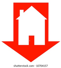 Red Down Arrow With House Inside - Crashing Housing Market - Vector