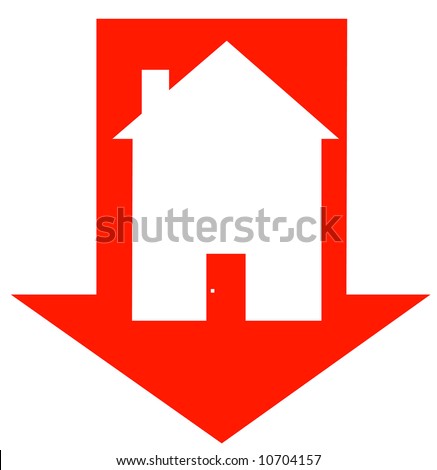 red down arrow with house inside - crashing housing market - vector