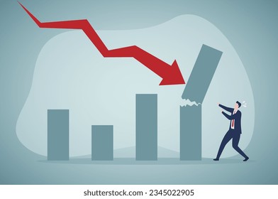 Red down arrow knocks down the bar chart. Risky fall or investment concept.