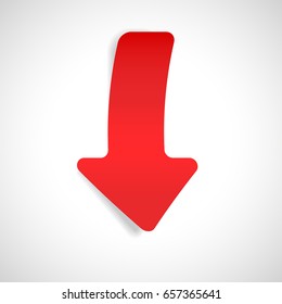 Red DOWN arrow. Matted paper label. Vector illustration